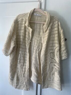 Zara Ivory Openwork Crochet Button-Front Cardigan